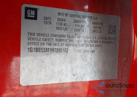 2017 Chevrolet Cruze Lt Auto from USA, damaged, VIN 1G1BE5SM1H7200162